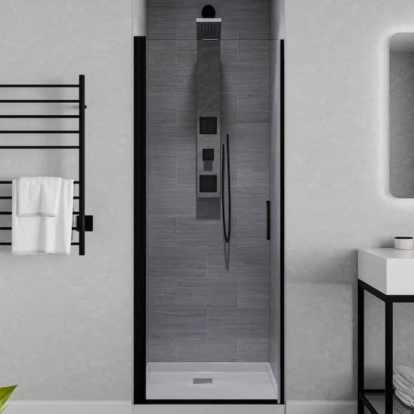 Lancer Series 29.4 in. x 72 in. H Hinged Semi-Frameless Shower Door in Matte Black with Tsunami Guard Tempered Glass