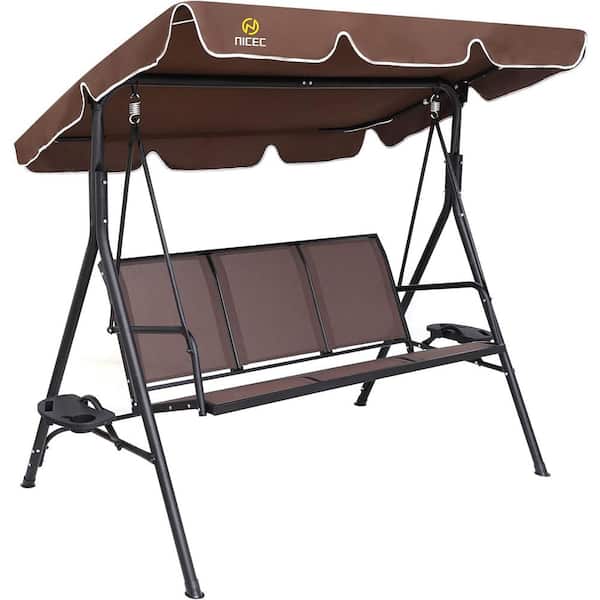 NICE C 3-Person Metal Patio Swing Chair with Brown Canopy