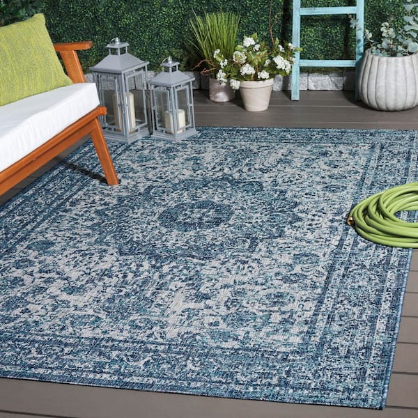 Courtyard Navy/Gray 8 ft. x 11 ft. Medallion Ornate Border Indoor/Outdoor Area Rug