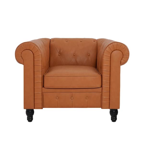 HOMESTOCK Caramel Chesterfield Single Sofa Chair for Living Room, Mid Century Arm Chair W/Rolled Arms, Tufted Cushion