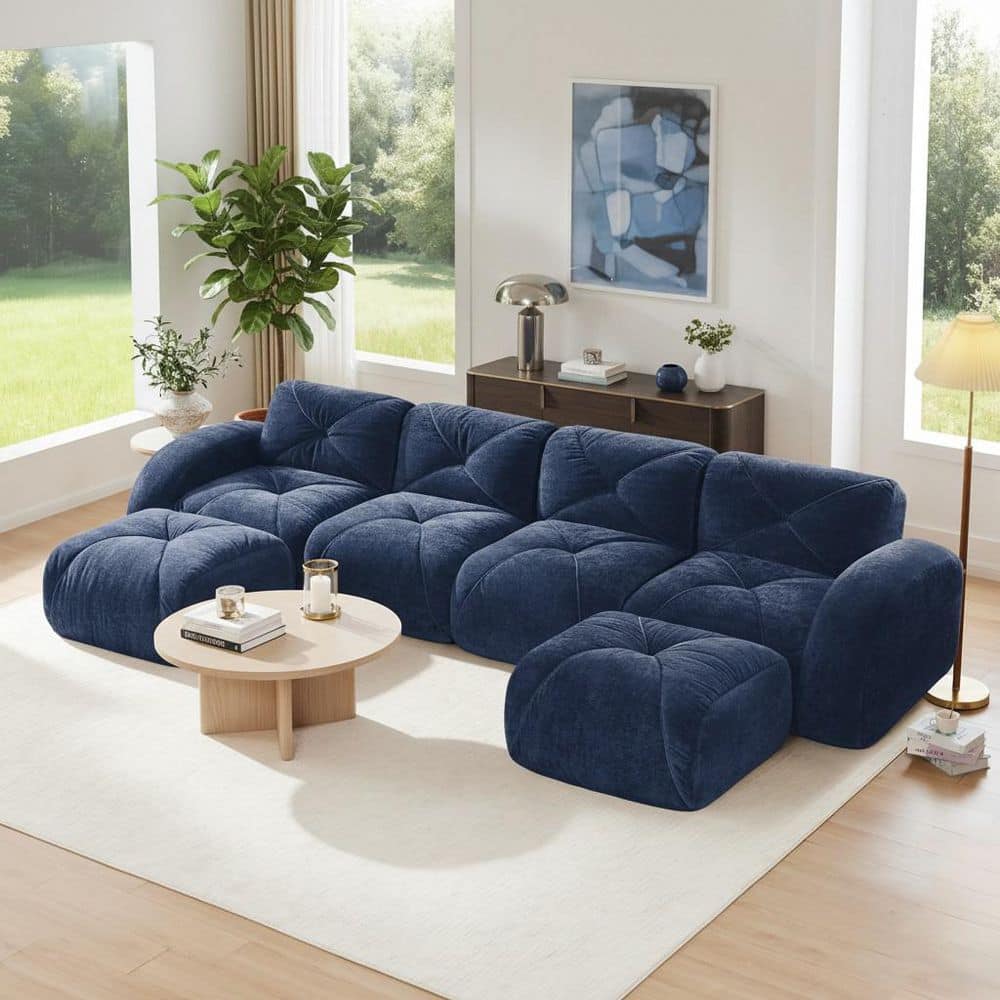 SAND 140.9 in. Round Arm U-Shape Velvet Modular Sectional Sofa with Ottoman in Sapphire Blue, Ergonomic Design Bottom