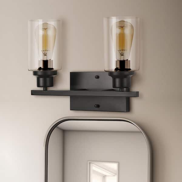 15 in. 2-Light Industrial Matte Black Wall Sconce with Clear Glass, Vanity Light Fixtures for Bathroom Mirror