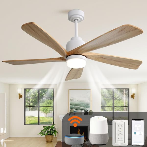 52 in. Brown Ceiling Fan With Dimmable LED Light 5-Solid Wood Blades Smart Remote Control Reversible,Downrod Mount