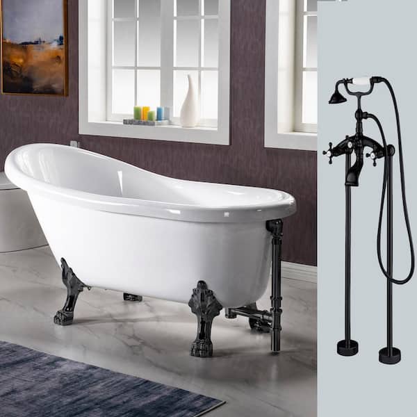 WOODBRIDGE Dover 54 in. Heavy Duty Acrylic Slipper Clawfoot Bath Tub in White Faucet, Claw Feet, Drain & Overflow in Matte Black
