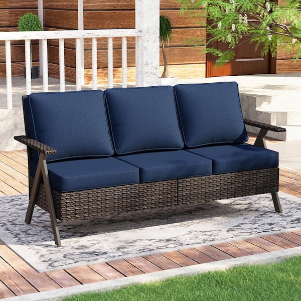 3-Seat Brown Wicker Outdoor Patio Couch with R-Shaped Armrest and Blue Cushions