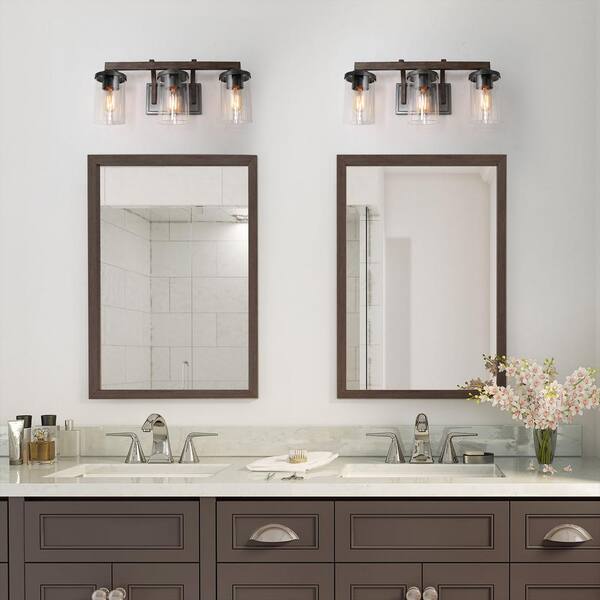 Lnc Weyland Farmhouse 20 In 3 Light Rust Black Bathroom Bar Vanity With Faux Wood Accents And Clear Glass Shades A03409 Black Bathroom Bar Vanity Light, How To Remove Rust From Metal Bathroom Light Fixture