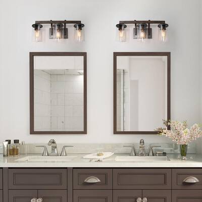 Weyland Farmhouse 20 in. 3-Light Rust Black Bathroom Bar Vanity Light with Faux Wood Accents and Clear Glass Shades