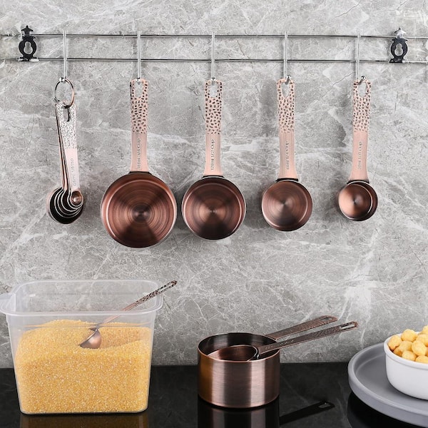 14-Piece Copper Finish Stainless Steel Measuring Cups and Spoons Set with Engraved Markings for Baking Kitchen
