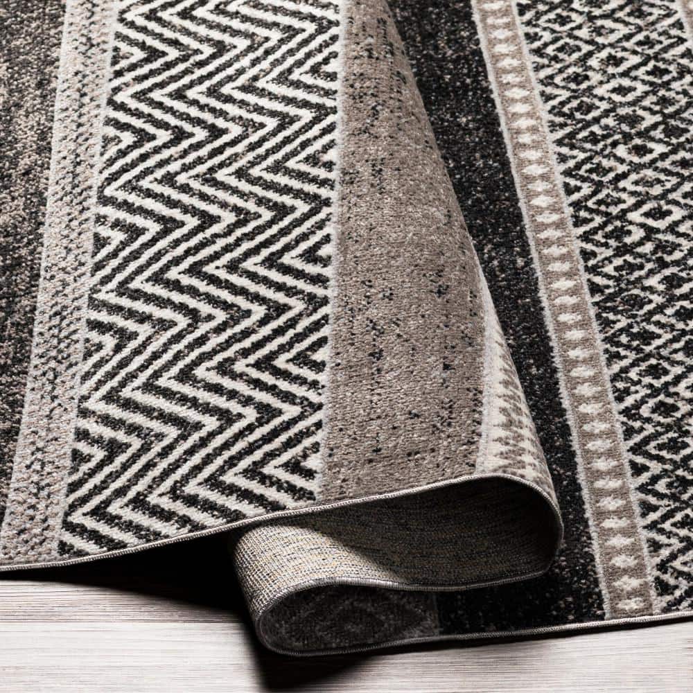 Grady Gray and Black Synthetic Stripe Rectangular Area Rug