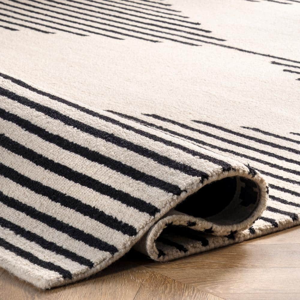 Ivory and Black Handmade Wool Runner Rug, 2' x 8'