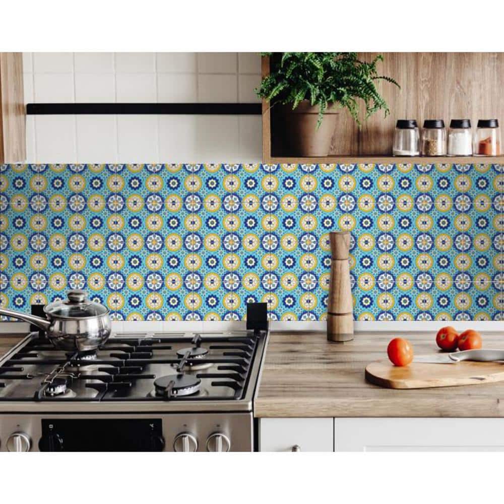 HomeRoots 8 in. Yellow Aqua Floral Peel And Stick Removable Tiles ...