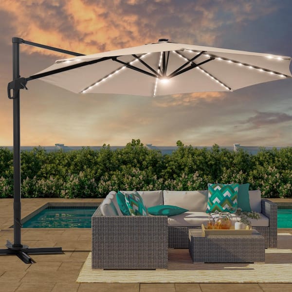 11 ft. Round Aluminum Frame Outdoor Cantilever LED Umbrella Patio Umbrella 360° Rotation System in Sand