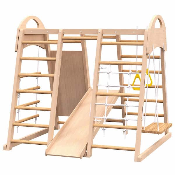 Orvan Natural Indoor Playground Climbing Gym 7-in-1 Jungle Gym Playset for Kids, Monkey Bars, Rope Wall Climber, Slide