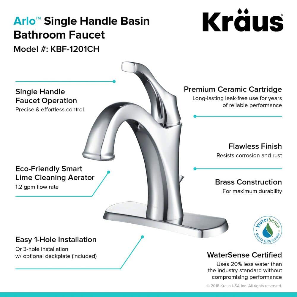 Arlo Chrome Single Handle Brass Bathroom Faucet with Lift Rod Drain