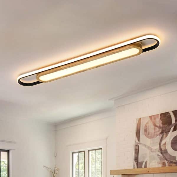 Corenzo 39.3 in. Modern Black Cylinder Long Strip Wood Integrated LED Flush Mount Light