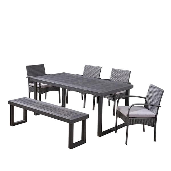 Noble House Stillwater Grey 6-Piece Aluminum and Faux Rattan Outdoor Patio Dining Set with Grey Cushions