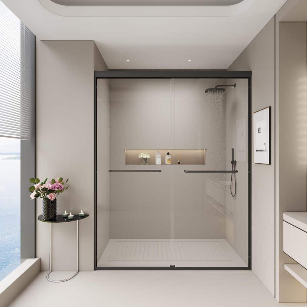 56 in. to 60 in. W x 72 in. H Double Sliding Semi-Frameless Shower Door in Matte Black Finish with Tempered Clear Glass price history on PriceWatchPro