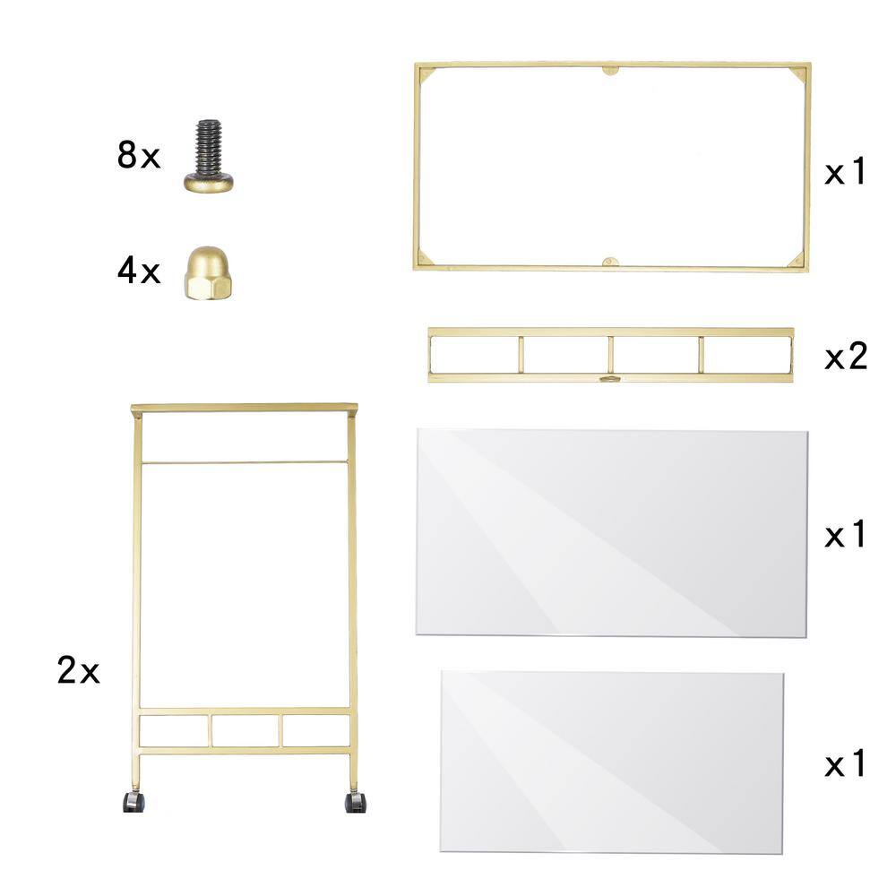 Dusky Gold Rolling Bar Cart with Mirrored Glass Shelves