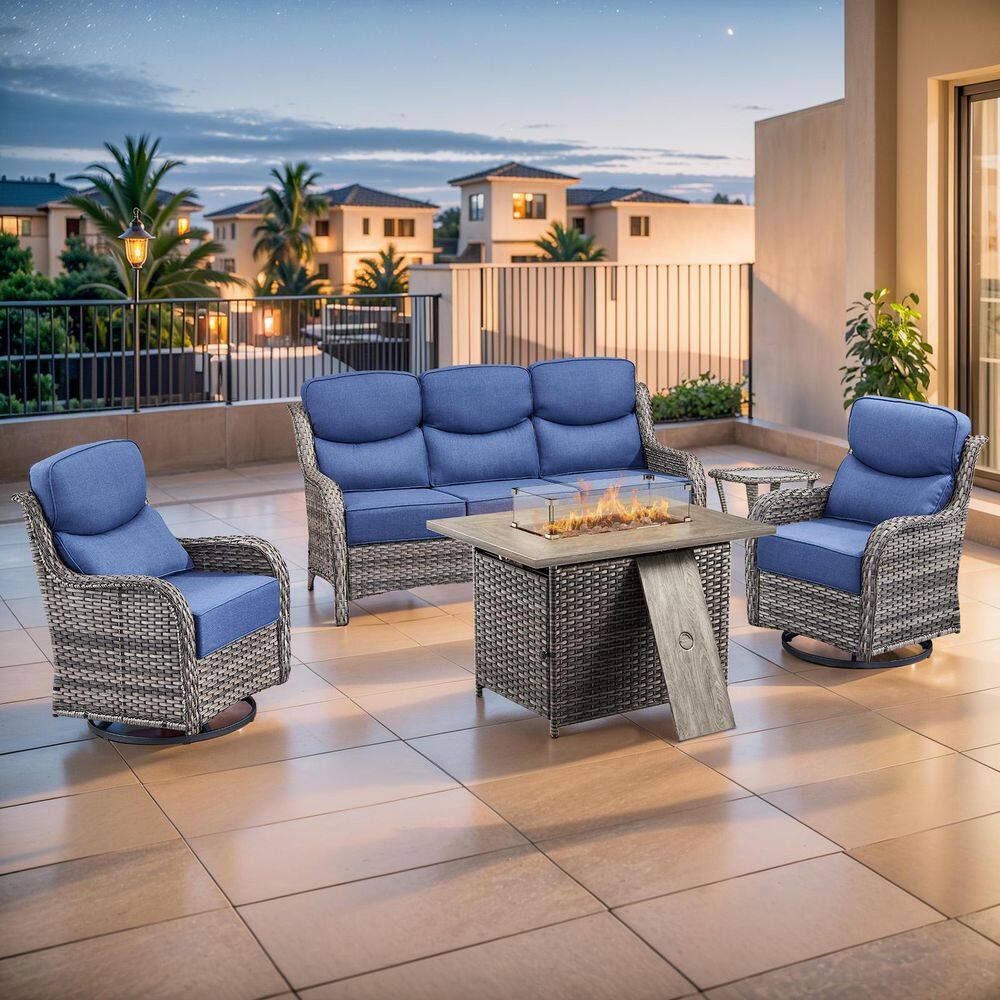 MoonLuxe Gray Wicker Fire Pit Conversation Set with Blue Olefin 6 in. Thick Cushions Patio Swivel Chairs (5-Piece) price history on PriceWatchPro