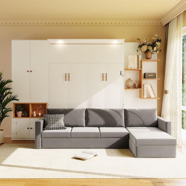 White Wood Frame Queen Size Murphy Bed with Large Sofa,dual Lights-white & Gray Sofa
