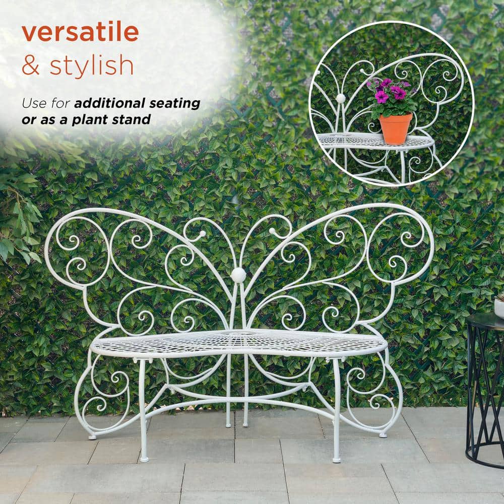 Charming Alpine 62" White Metal Butterfly-Shaped Garden Bench
