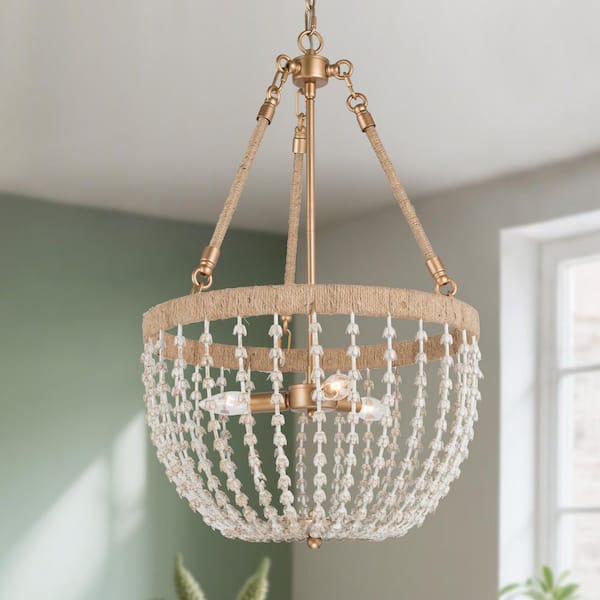 Vintage 3-Light Satin Gold Basket Island Chandelier for Kitchen, Foyer, Bedroom with White Rope Accents