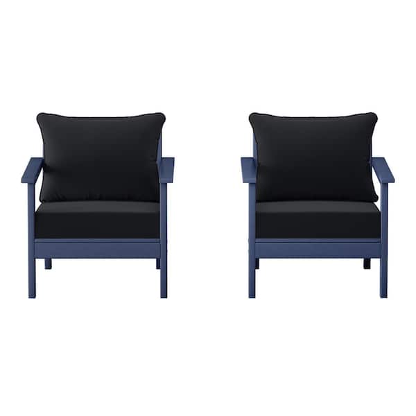 Birchwood Navy Blue Outdoor Patio (Set of 2) Deep Seating HDPE Lounge Chairs w/ Black Cushions