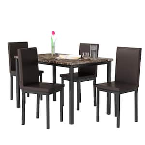 5-Piece Rectangular Brown Wood Faux Marble Top Dining Table Set with 4 Upholstered PU Leather Dining Chairs