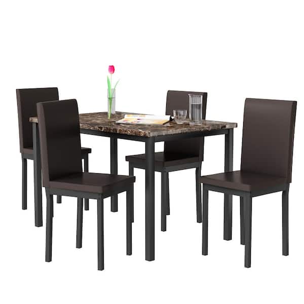 mieres 5-Piece Rectangular Brown Wood Faux Marble Top Dining Table Set with 4 Upholstered PU Leather Dining Chairs