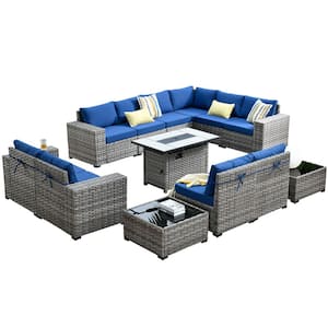 Tahoe Grey 13-Piece Wicker Wide Arm Outdoor Patio Conversation Sofa Set with a Fire Pit and Navy Blue Cushions