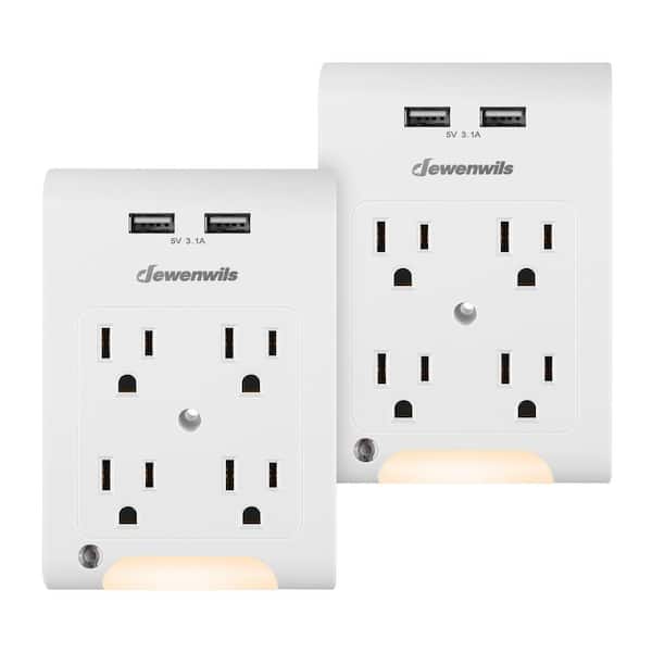 DEWENWILS 2 Pack 4- Outlet Extender with 2 USB Ports, Light Sensor Night Light, 1080 Joules Surge Protector, ETL Listed