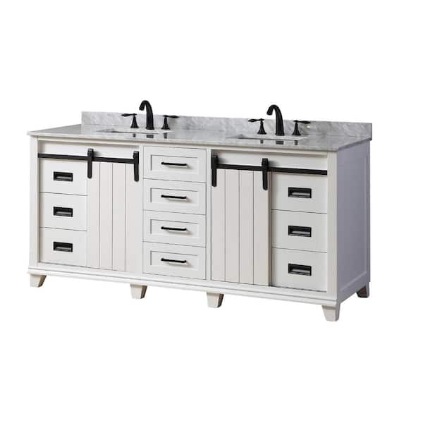 Direct vanity sink Chanceton 72 in. W x 25 in. D x 34 in. H Vanity in White with White Carrara Marble Top with White Basins