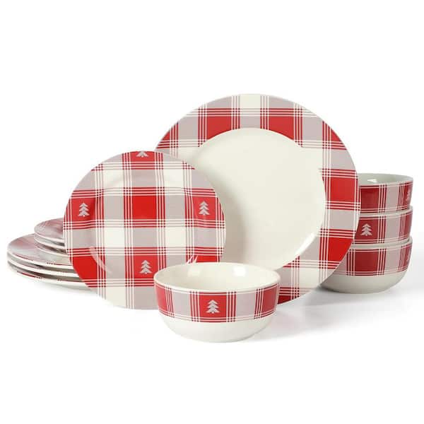 12 Piece Plaid Decorated Round Stoneware Dinnerware Set in Red and White