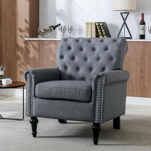 Unbranded Accent 28.35 in. Nailhead Flared Arm Linen Upholstered Rectangle Dark Gray Rectangle Button Tufted Back