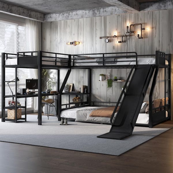 Black Twin XL over Queen Wood/Metal Loft Bed/Bunk Bed with Single Loft Bed,Slide