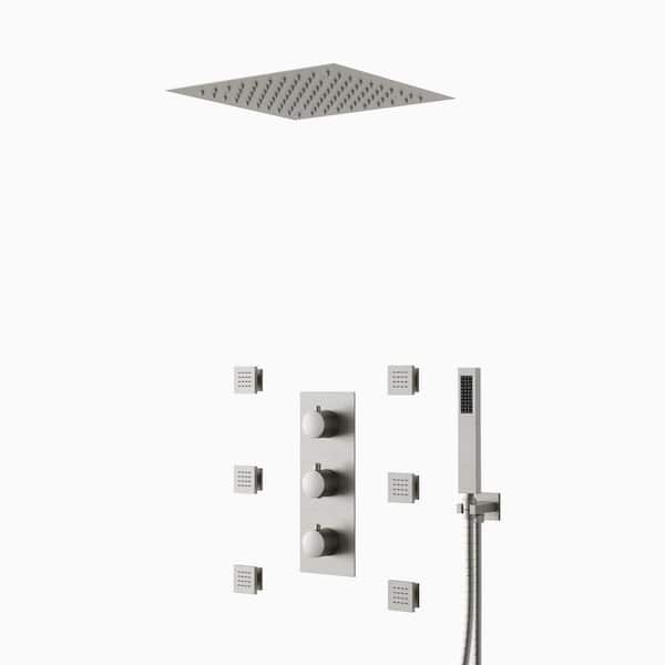 SWAINS Thermostatic 5-Spray Ceiling Mount Handheld Shower Head 1.8 GPM LED Chromotherapy Shower Faucet in Brushed Nickel