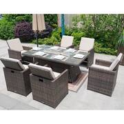 Avishai Brown 7-Piece Wicker Patio Fire Pit Dining Sofa Set with Beige Cushions