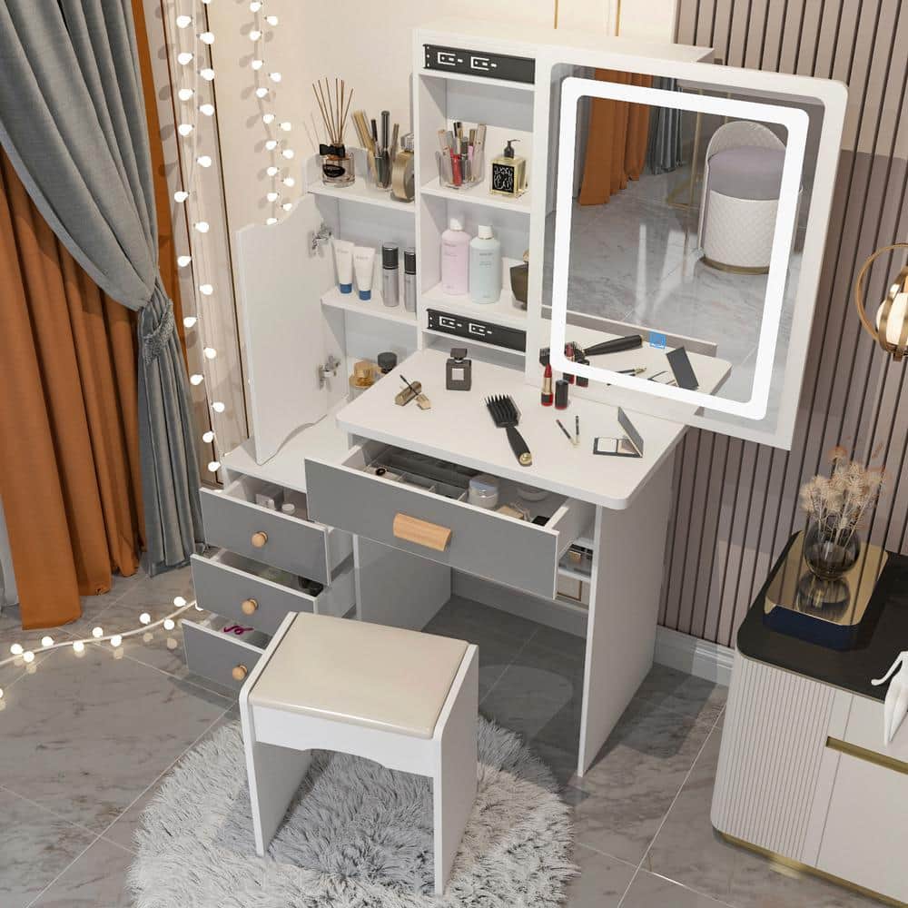 FUFUGAGA 4-Drawers White Wood Makeup Vanity Sets Dressing Table Sets with  Stool, Mirror, LED Light, Door and Storage Shelves TC-WFKF210096-01 The  Home Depot