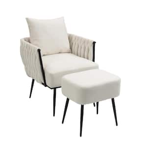Beige Linen Upholstered Accent Armchair and Ottoman Set of 2-Hand Weaving Leisure Chair with Metal Frame and Pillow