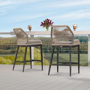 Modern Aluminum Twill Wicker Woven Bar Height Outdoor Bar Stool with Back and Sunbrella Gray Cushion (2-Pack)