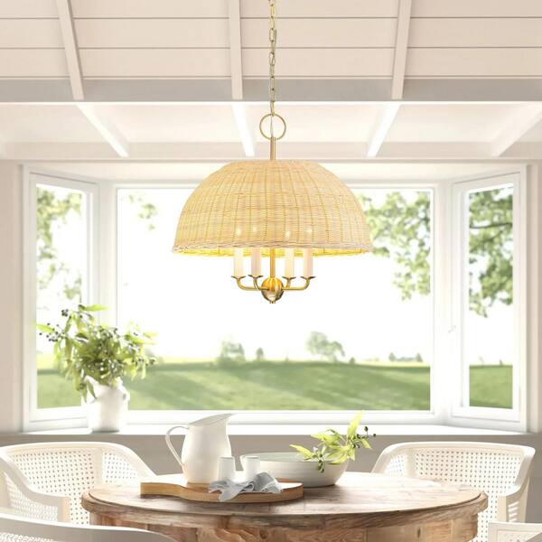 Rennnsan Raven 4-Light Gold with Beige Woven Rattan Dome