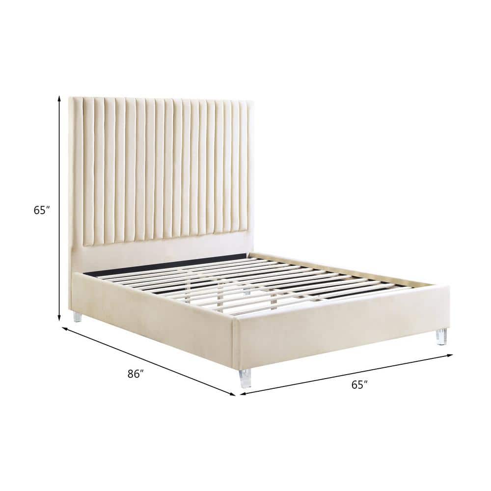 Beige Velvet Upholstered Queen Bed with Tufted Headboard and Slats