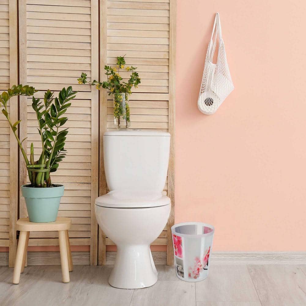 Floral Zen Garden Gray and Pink Plastic Waste Basket