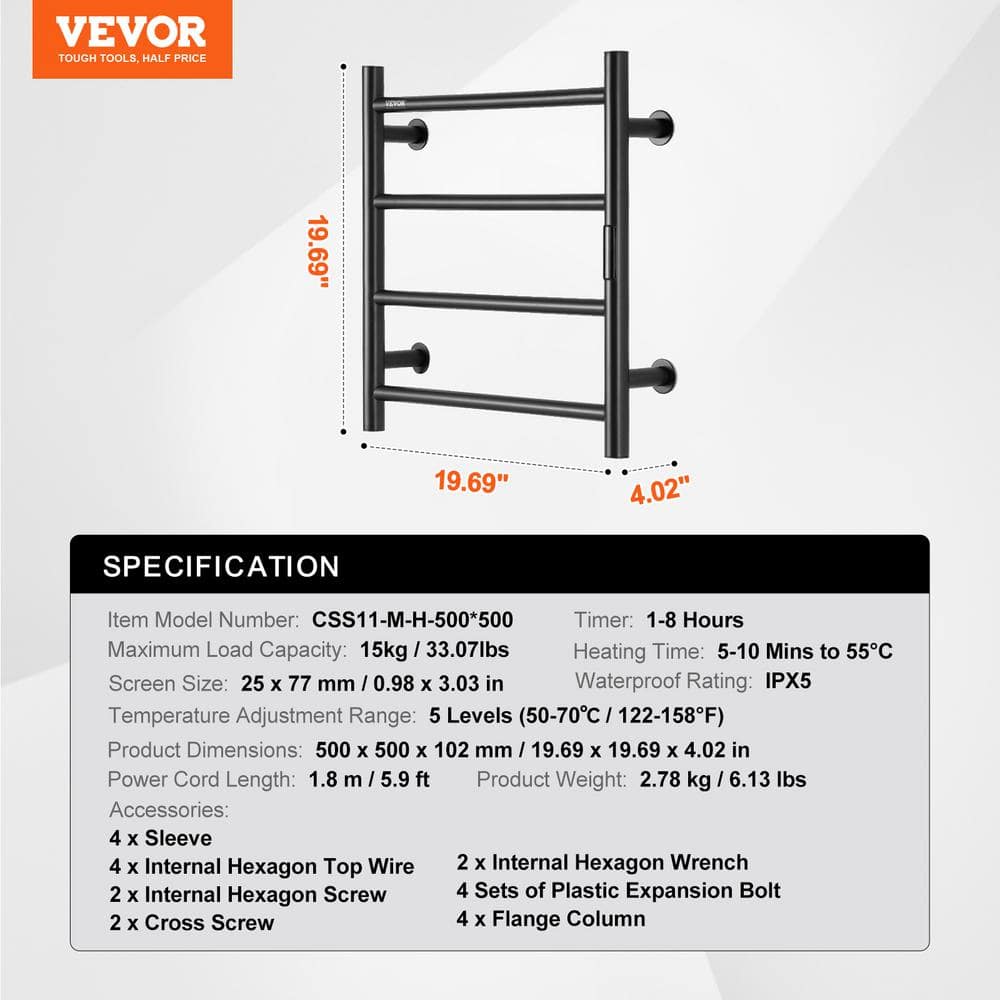 Black Stainless Steel Wall-Mounted 4-Bar Heated Towel Warmer