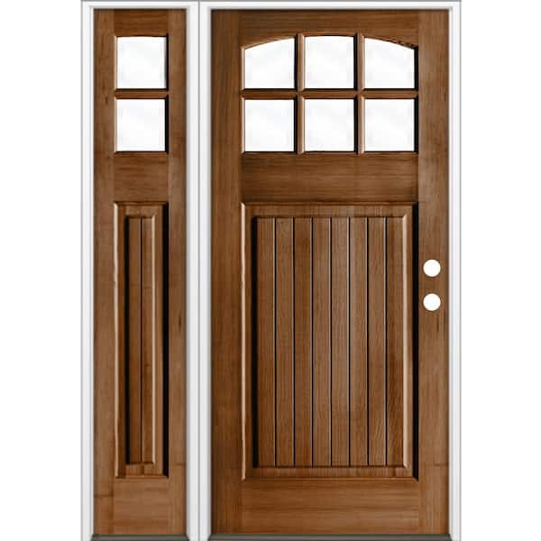 50 in. x 80 in. V-Groove Arched 6-Lite Clear Glass Provincial Stain Left Hand Hemlock Wood Prehung Front Door w/LSL