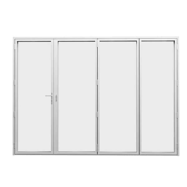 120 in. x 96 in. Right Center Opening/Outswing Double Tempered Glass White Aluminum Folding Patio Door
