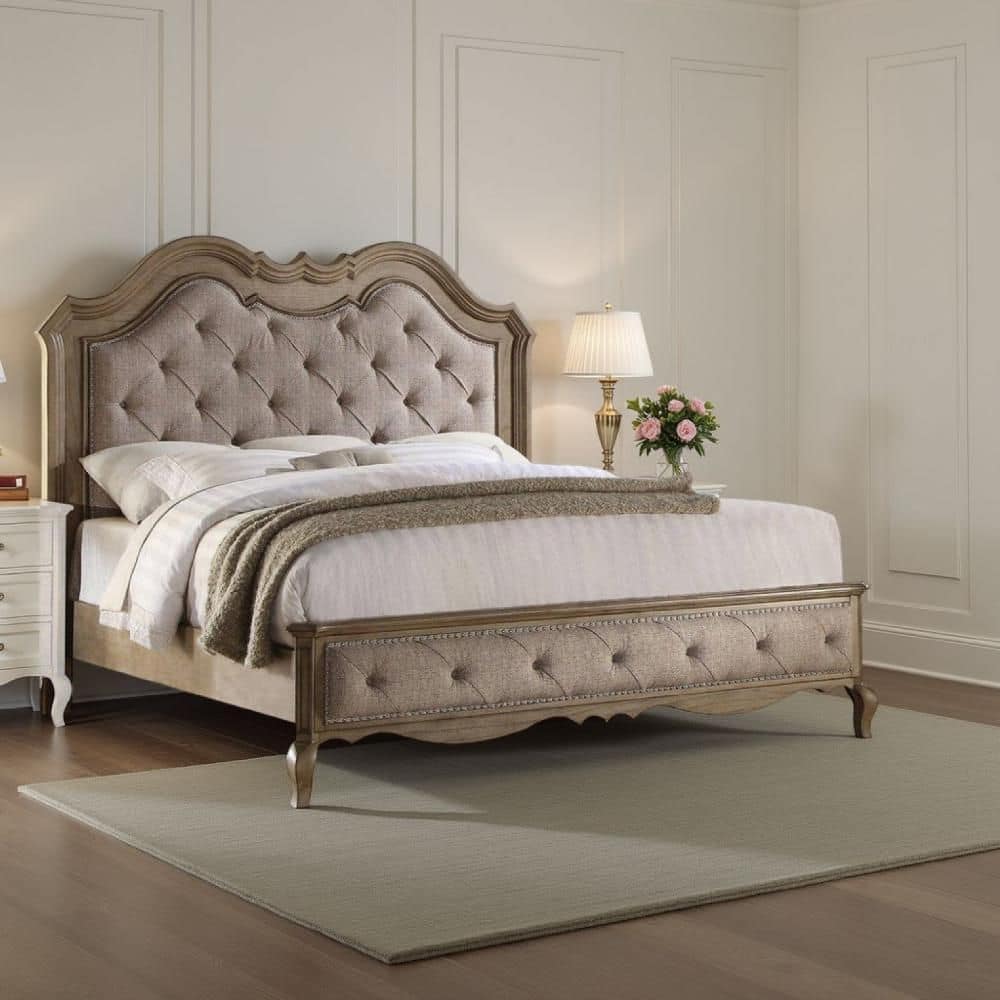 Beige Wood Frame King Size Panel Bed with Button Tufted