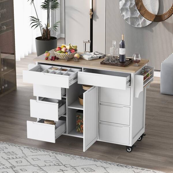 Blue Rubber Wood Countertop 53.1 in. W Kitchen Island on 5-Wheels with 8  Handle-Free Drawers and Flatware Organizer ktkhwy14 - The Home Depot