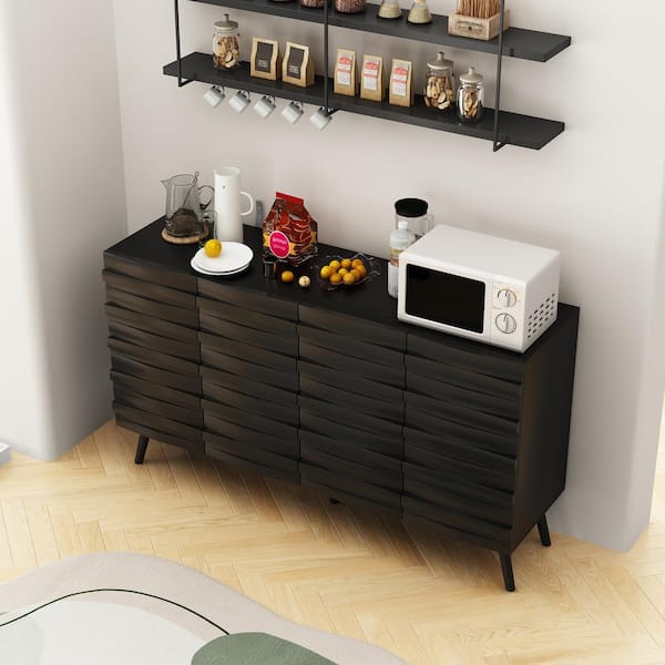 Black Wooden 55.1 in. Width, Sideboard, Storage Cabinet, Dresser with 4-Shelves and Wavy Alternating Stripes Surface