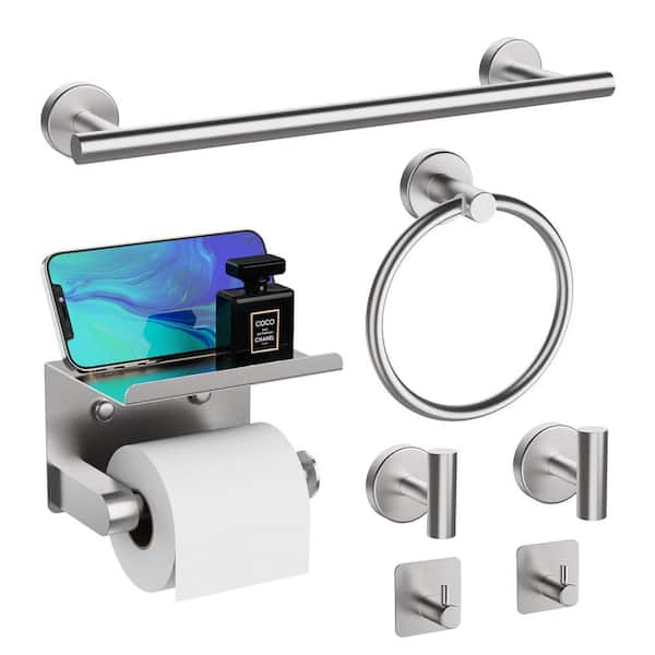 7-Piece Round Bath Hardware Set with Towel Bar, Toilet Paper Holder, Towel Ring and Towel Hooks in Brushed Nickel